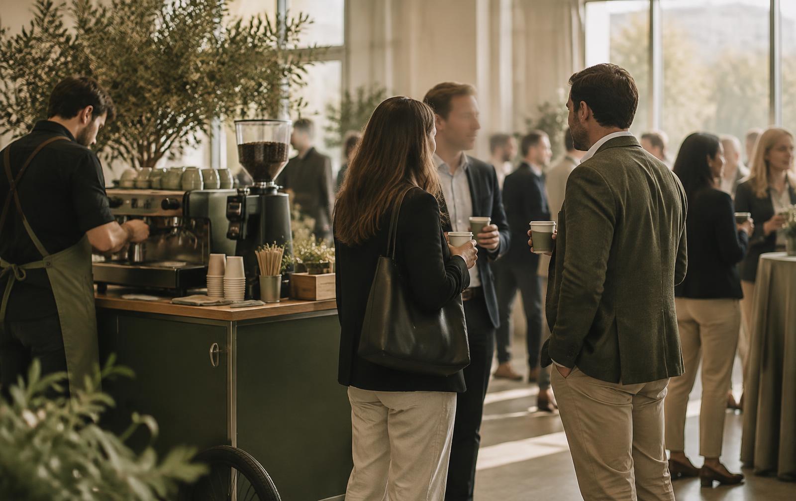 Gäste mit Kaffee am mobilen Coffee Bike auf einem Firmenevent